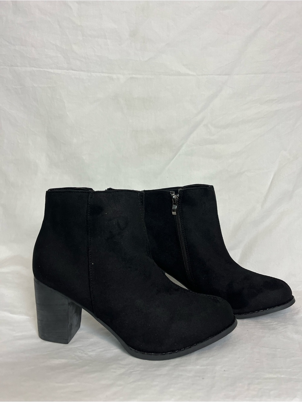 Black Faux Suede Ankle Booties with Block Heel - Women's